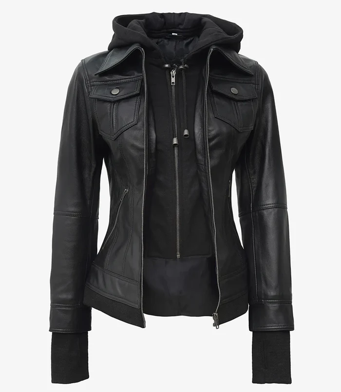 Storm Women's Black Hooded Bomber Leather Jacket - Hood Detail View
