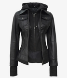 Storm Women's Black Hooded Bomber Leather Jacket - Hood Detail View