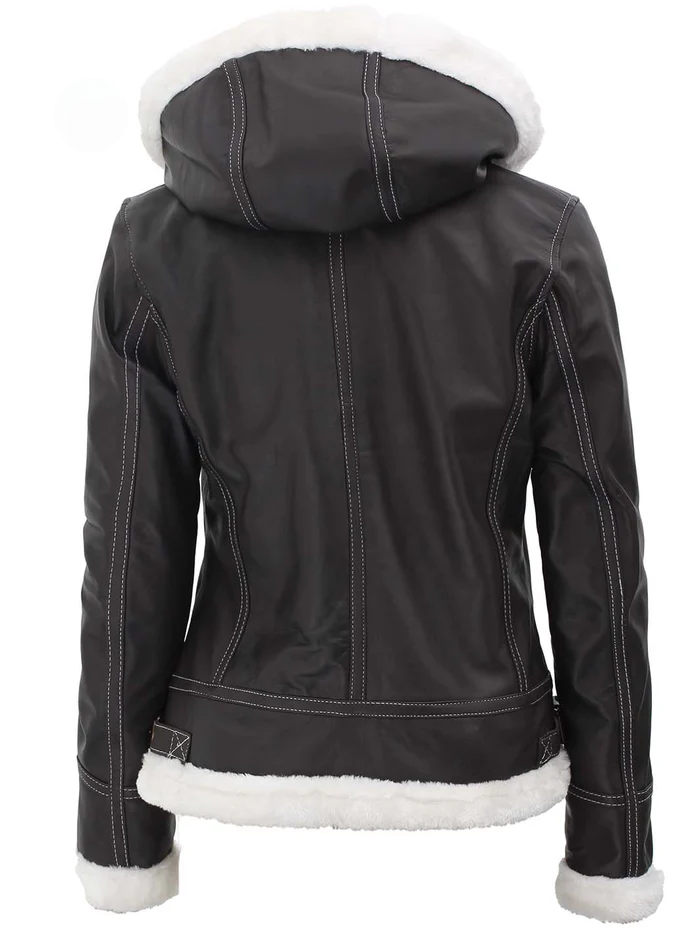 Pilot Women's Dark Brown Hooded Shearling Biker Jacket - Front Open View