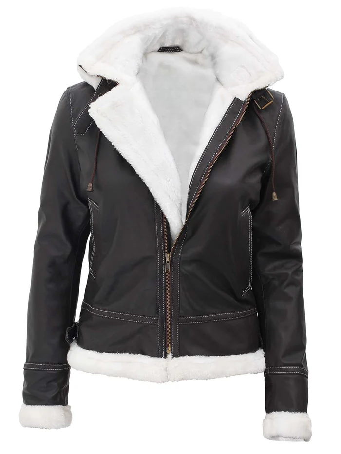 Pilot Women's Dark Brown Hooded Shearling Biker Jacket - Hood Detail View