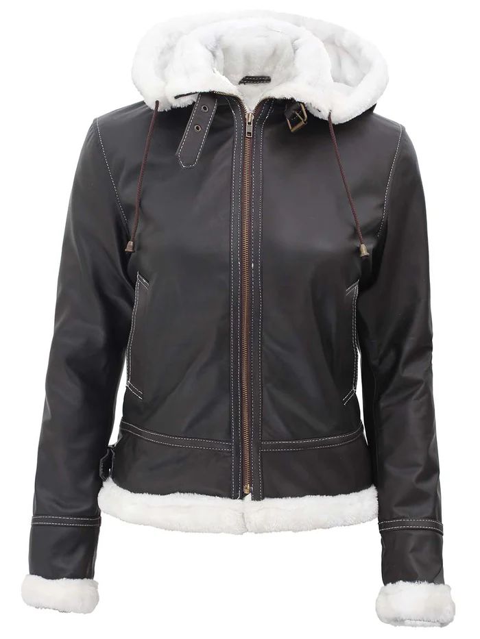 Pilot Women's Dark Brown Hooded Shearling Biker Jacket - Detail View