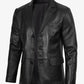 Men's three-button black leather blazer, full front view