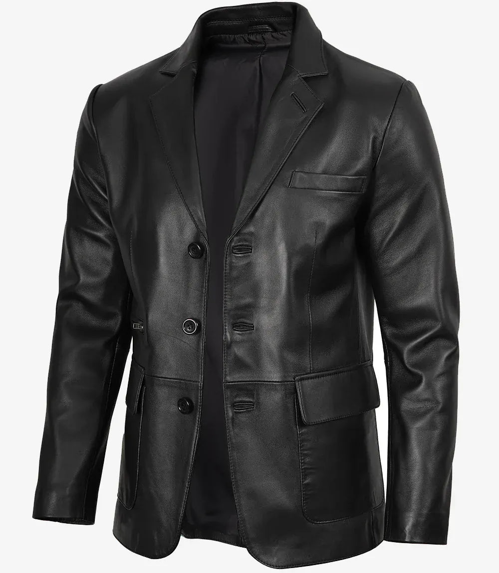 Men's three-button black leather blazer, full front view