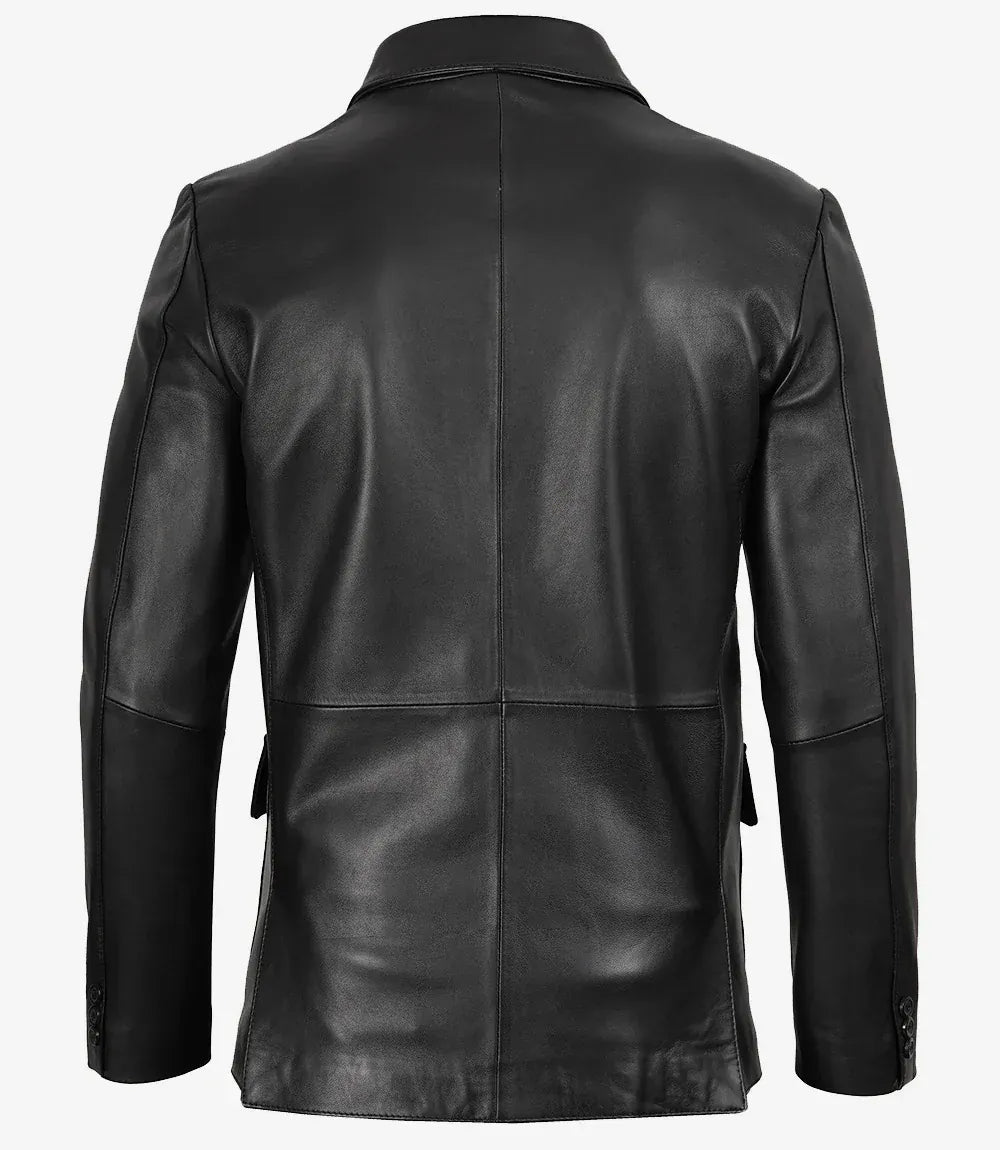 Black leather blazer for men by NSM Jackets, front detail