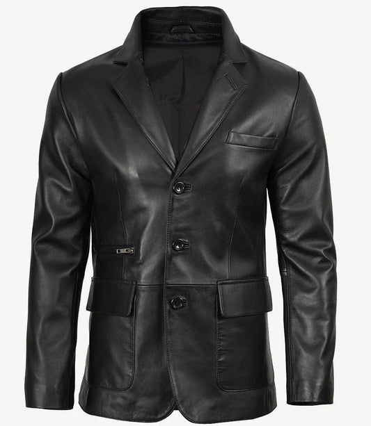 Earl men's black leather blazer, front view, buttoned