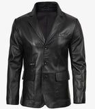 Earl men's black leather blazer, front view, buttoned