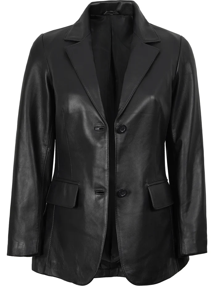 Harper Women's Black Leather Blazer - Front View