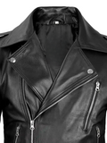 Close-up of Asymmetrical Zip and Lapel Details on Black Biker Leather Jacket