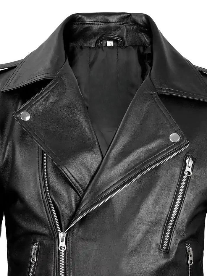 Close-up of Asymmetrical Zip and Lapel Details on Black Biker Leather Jacket