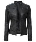 Women’s Black Café Racer Leather Jacket – Front Open View