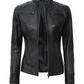 Aria Women's Black Cafe Racer Leather Jacket - Front Open View