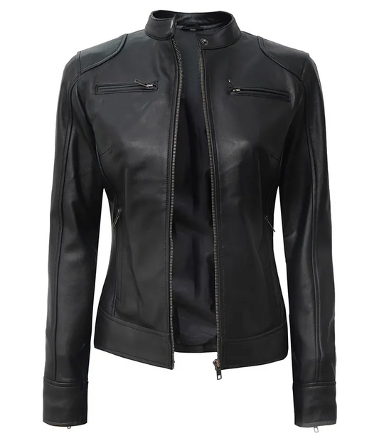 Aria Women's Black Cafe Racer Leather Jacket - Front Open View