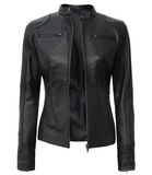 Aria Women's Black Cafe Racer Leather Jacket - Front Open View