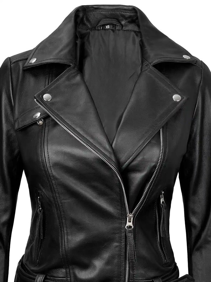 Women’s Black Leather Biker Jacket – Front View
