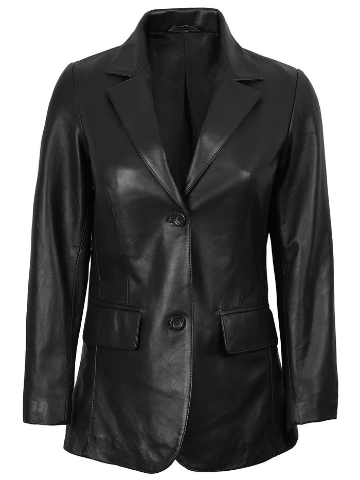 Women’s Black Two-Button Leather Blazer – Front View