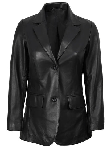 Women’s Black Two-Button Leather Blazer – Front View