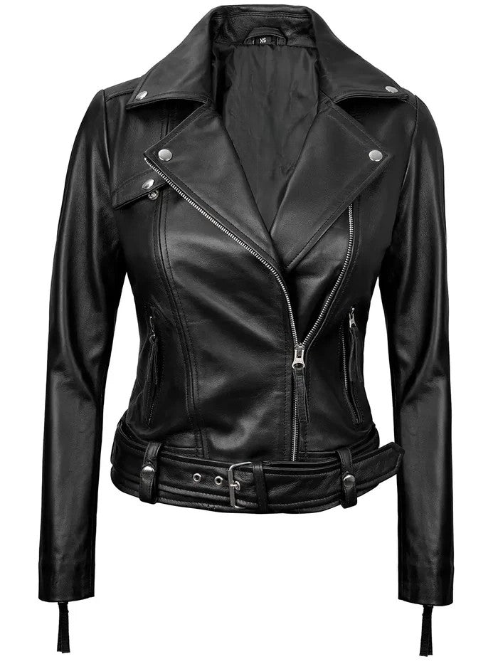 Women’s Black Leather Biker Jacket – Front View