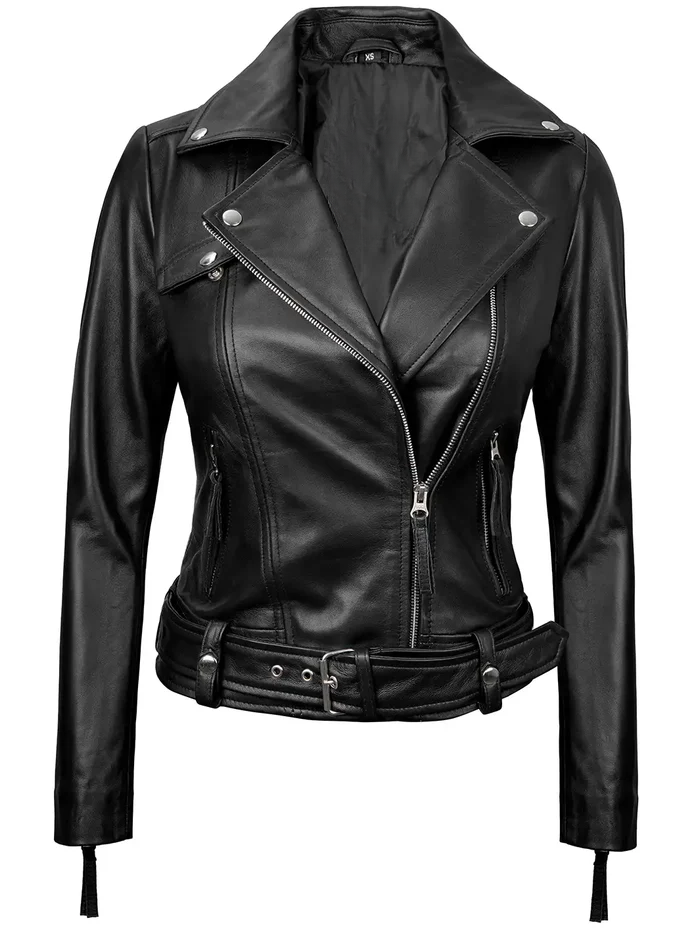 Vega Women's Black Biker Leather Jacket - Back View