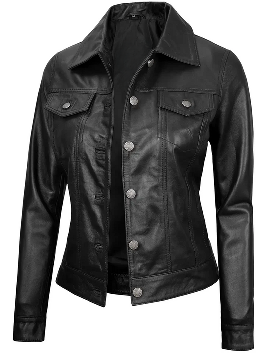 Wren Women's Black Trucker Leather Jacket - Front Closed View
