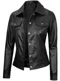 Wren Women's Black Trucker Leather Jacket - Front Closed View
