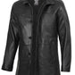 Men's black lambskin leather car coat, stand collar detail