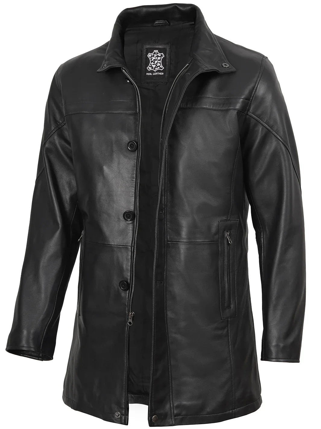 Men's black lambskin leather car coat, stand collar detail