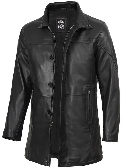 Men's black lambskin leather car coat, stand collar detail