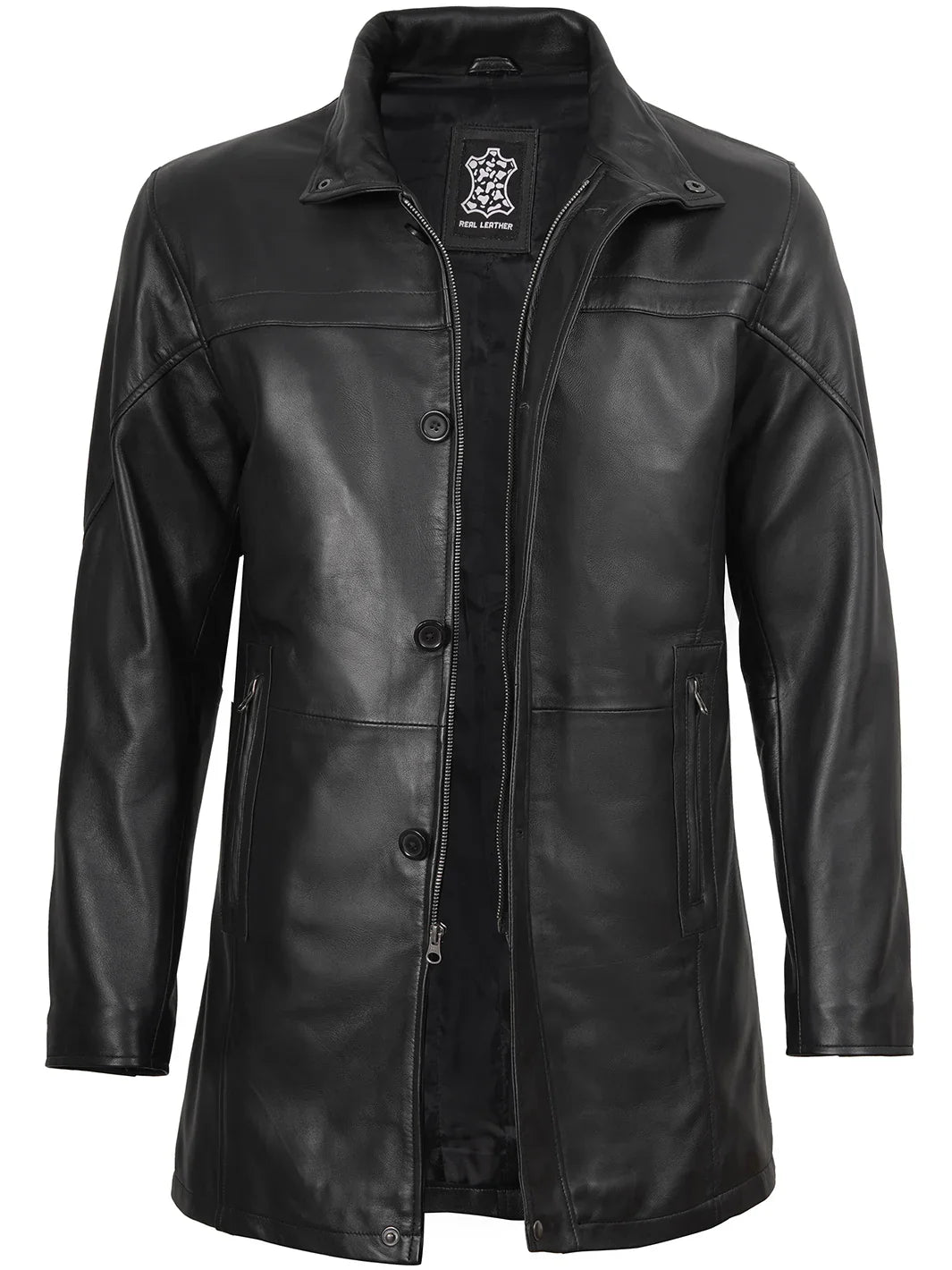 Bristol men's black lambskin leather car coat, front view