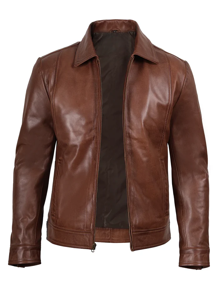Harlow Men's Brown Leather Jacket - Front Closed View