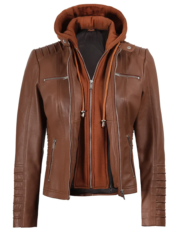 Nova Women's Tan Brown Hooded Biker Leather Jacket - Back View