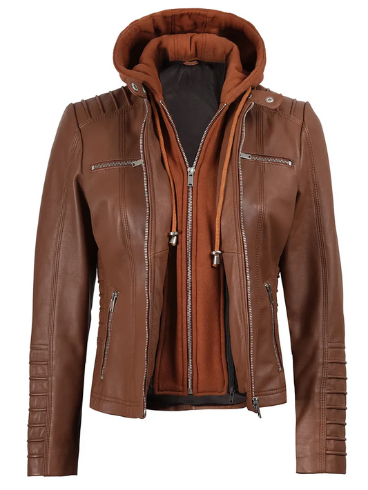 Nova Women's Tan Brown Hooded Biker Leather Jacket - Back View