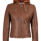 Nova Women's Tan Brown Hooded Biker Leather Jacket - Front View