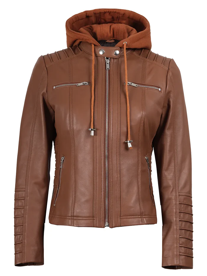 Nova Women's Tan Brown Hooded Biker Leather Jacket - Front View
