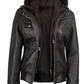 Blaze Women's Dark Brown Hooded Bomber Leather Jacket - Hood Detail View
