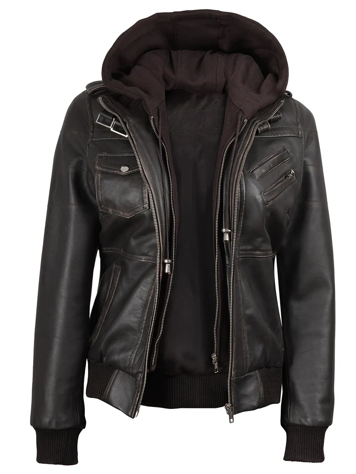 Blaze Women's Dark Brown Hooded Bomber Leather Jacket - Hood Detail View