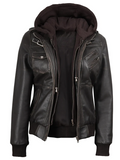 Blaze Women's Dark Brown Hooded Bomber Leather Jacket - Hood Detail View