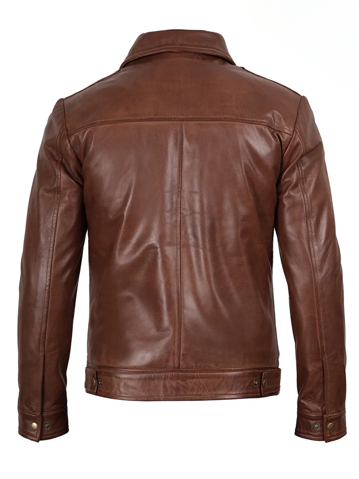 Men’s Brown Real Leather Harrington Jacket – Front View | NSM Jackets