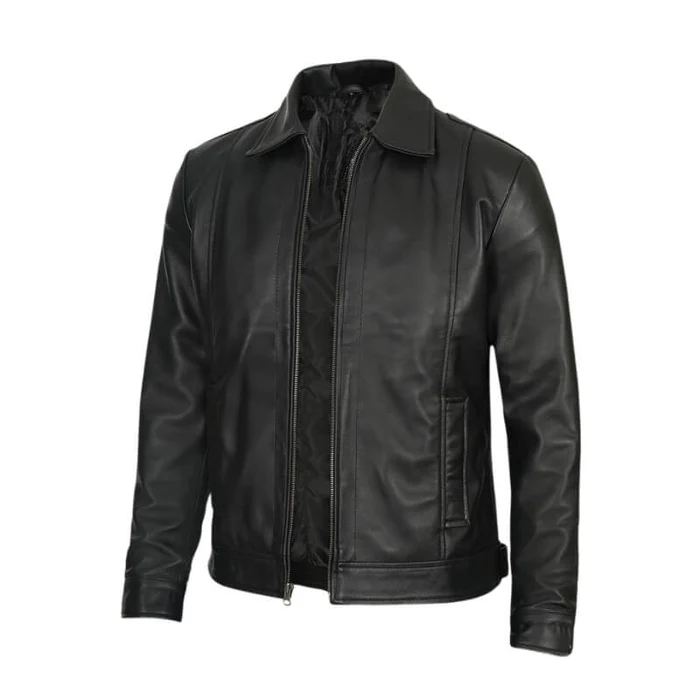 Harlow Men's Black Leather Jacket - Detail View