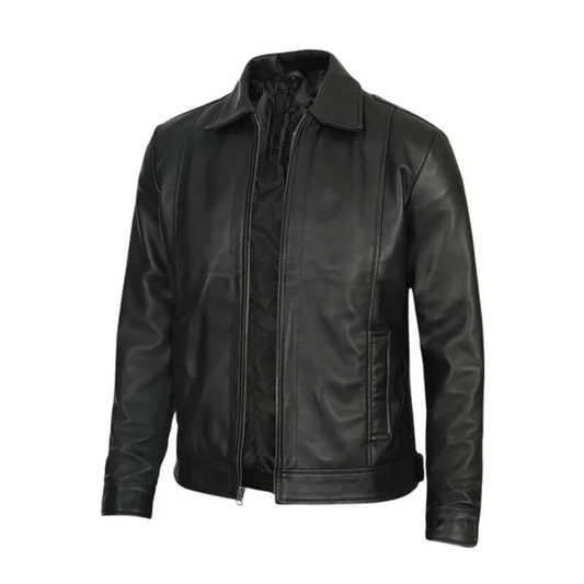 Harlow Men's Black Leather Jacket - Detail View
