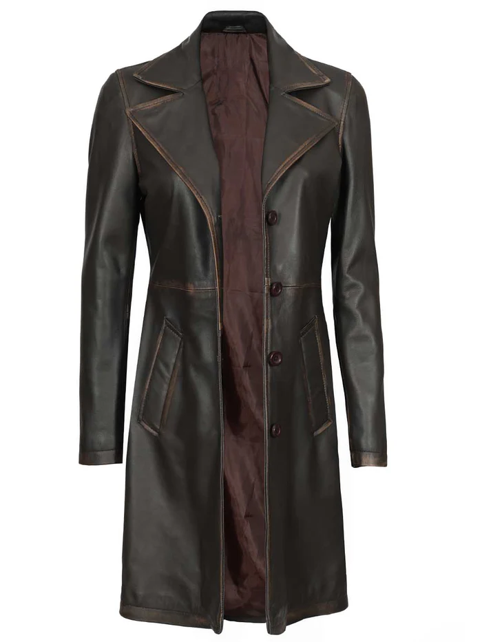 Bryson Women's Dark Brown Rub-Off Leather Coat - Front Open View
