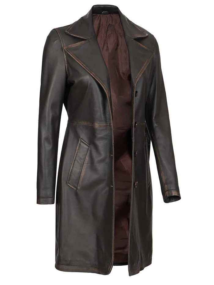 Bryson Women's Dark Brown Rub-Off Leather Coat - Front View