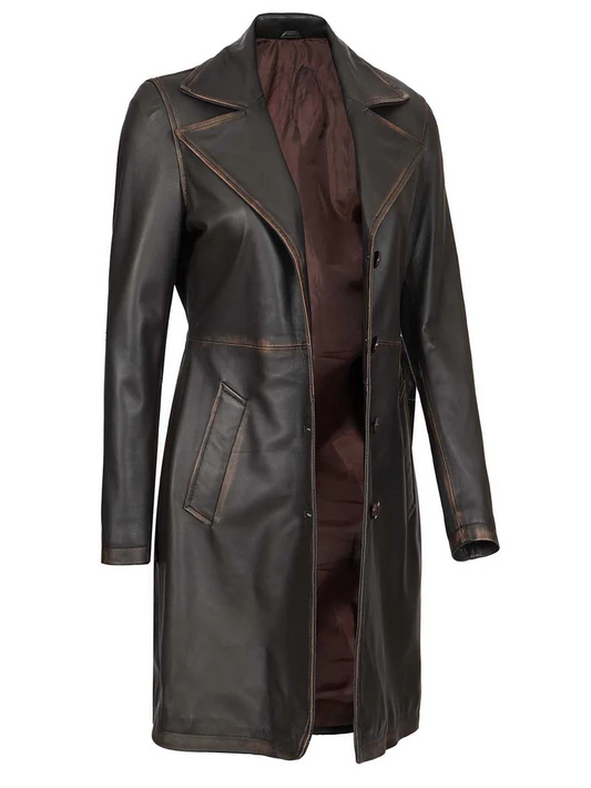 Bryson Women's Dark Brown Rub-Off Leather Coat - Front View
