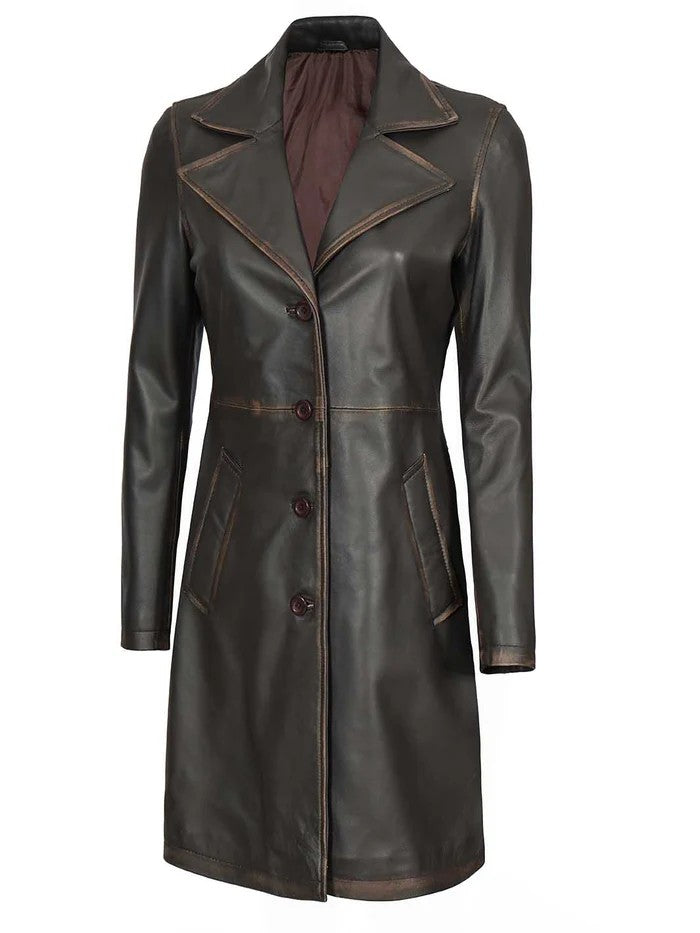 Women’s Rub-Off Brown Leather Car Coat – Front View