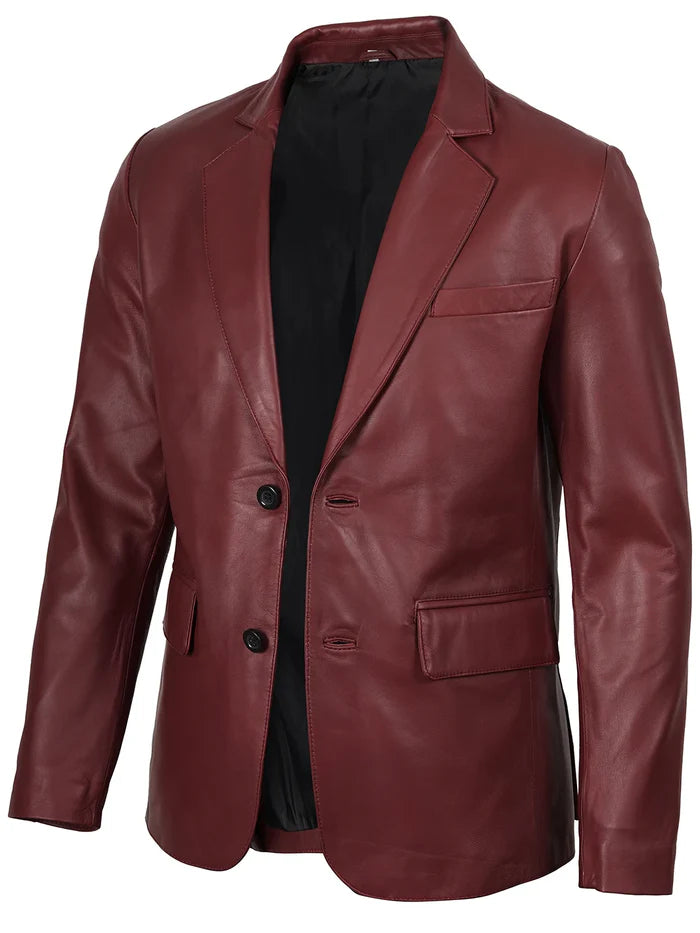 Men’s Maroon Leather Blazer Jacket – Side Angle View | NSM Jackets