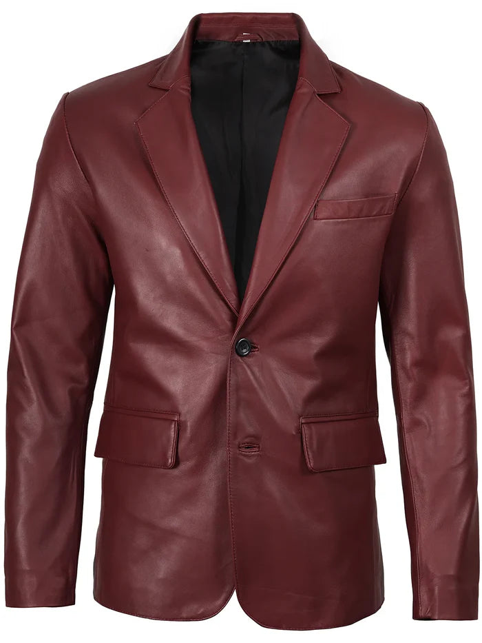Men’s Maroon Leather Blazer Jacket – Front View | NSM Jackets