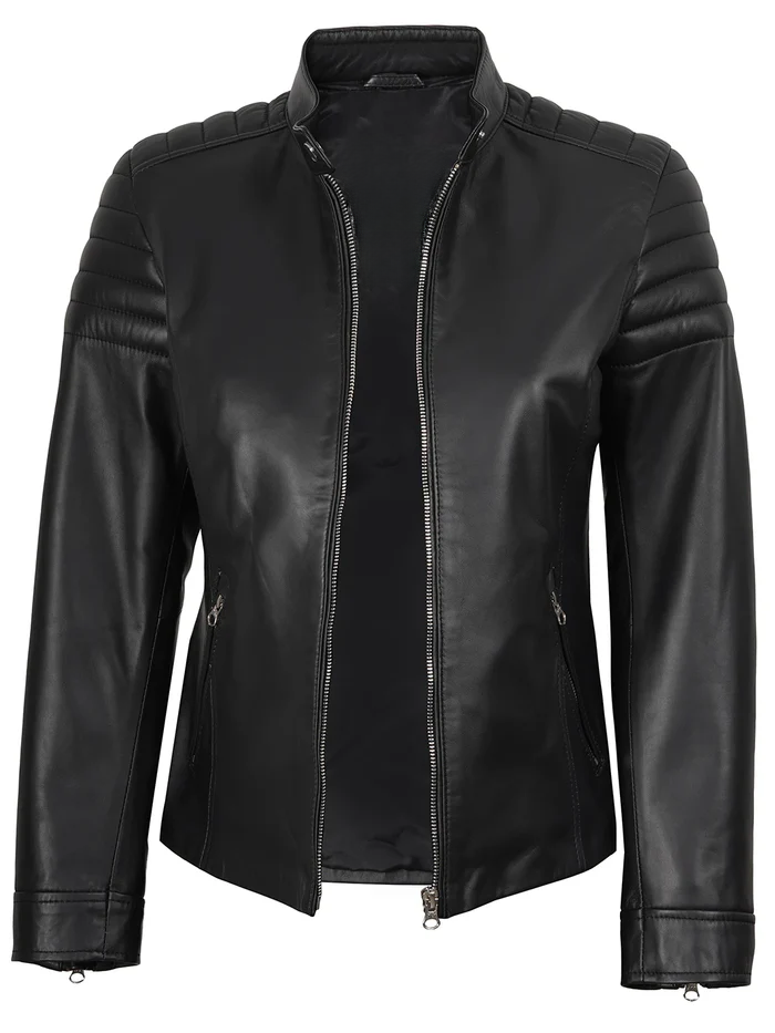 Luna Women's Black Cafe Racer Leather Jacket - Front Open View