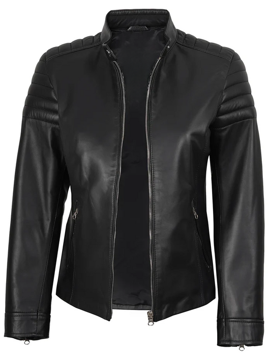 Luna Women's Black Cafe Racer Leather Jacket - Front Open View