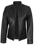 Luna Women's Black Cafe Racer Leather Jacket - Front Open View