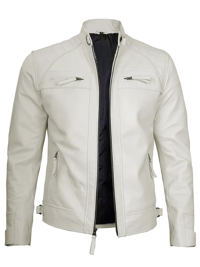 Men’s Off-White Leather Café Racer Jacket – Angled Front View | NSM Jackets