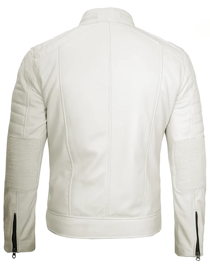 Blanco Men's White Cafe Racer Leather Jacket - Side View